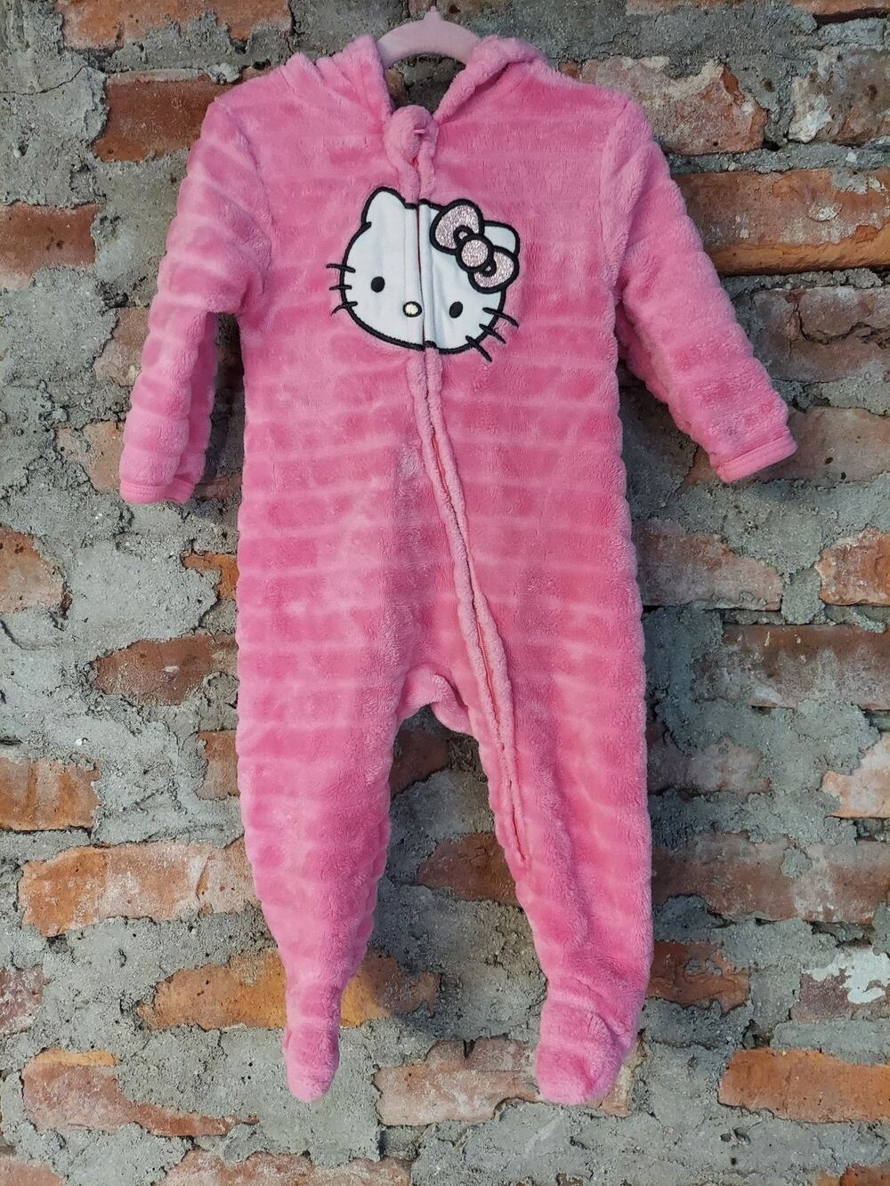 Hello Kitty Infant Girls Romper Sleepsuit Jumpsuit Pink Plush Hooded Full Zip 9M